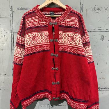 Vintage 90’s Red Dale of Norway Wool Sweater Cardigan metal clasps  Snowflake holiday Nordic 