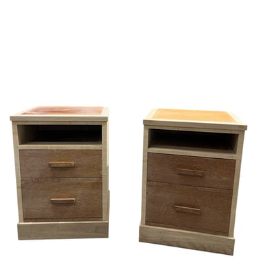 Pair of English Oak and Vintage Leather Nightstands