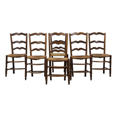 19th Century French Provincial Ladder Back Oak Dining Chairs W/ Rush Seats - Set of 6 