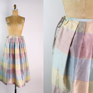 80s Plaid Pastels Silk Skirt / 80s Silk Skirt / 80s Pleated skirt / Size S/M 