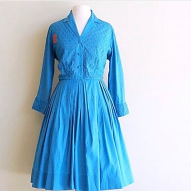 Silk Shirtwaist Dress • 1950s Secretary Dress Norman • Wiatt California Cornflower Blue • Pleated Full Skirt • 50s Silhouette • Long Sleeves 