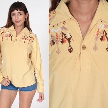 Embroidered Western Shirt 70s Yellow Southwestern Shirt Long Sleeve Polo Button Up Southwest Retro Rodeo Cowboy Vintage 1970s Men's Medium 