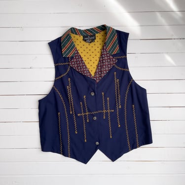 navy embroidered vest | 80s 90s vintage dark blue yellow patchwork waistcoat vest 