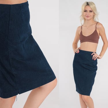 Dark Wash Denim Skirt 80s Blue Jean Mini Skirt Retro High Waisted Pencil Skirt Simple Basic Plain Minimalist Vintage 1980s Extra Small xs 