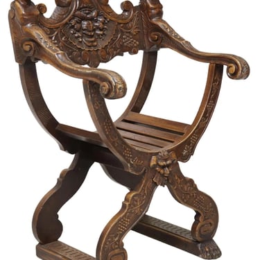 Antique Armchair, Curule, Renaissance Revival, Figural, Carved, Curved, 1800s!!