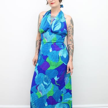 1970's Hawaiian Halter Maxi Dress / Women's Size Medium by Ru