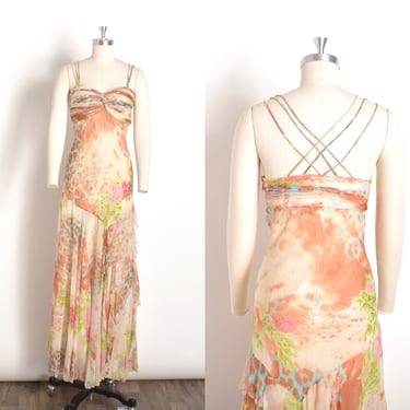 Vintage 2000s Dress / Y2K Diane Freis Floral Silk Dress / Peach Green ( M L ) 