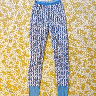 1970s vintage baby blue and pink paisley printed thermal pants 