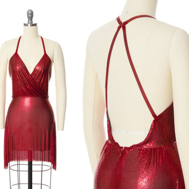 NWT Modern FANNIE SCHIAVONI "Clemence" Dress | 1970s Vintage Style Red Metal Mesh Open Back Micro Mini Disco Party Dress | x-small 