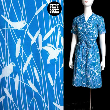 Sweet Vintage 70s Blue White Birds & Cattails Patterned Dress 