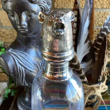 Vintage Pewter and Glass Bear Head Whiskey Decanter~ Unique Barware Gift For Him~Large Whisky Vessel Grizzly Bear Topper 