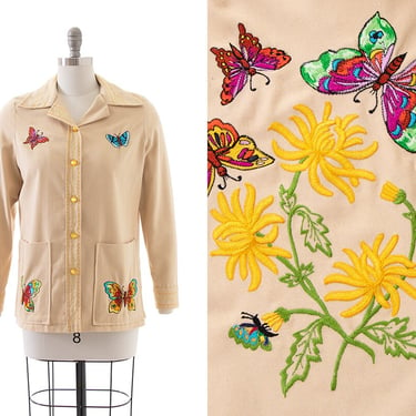 Vintage 1970s Jacket | 70s Embroidered Floral Butterflies Cream Twill Button Up Long Sleeve Boho Hippie Chore Coat (medium) 