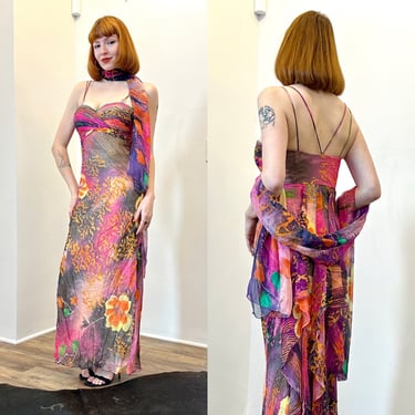 Vintage 2000s Dress / Y2K Diane Freis Colorful Silk Gown / Orange Pink ( XS S ) 