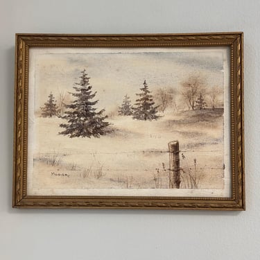 Original Vintage Watercolor Painting, Winter Scene 