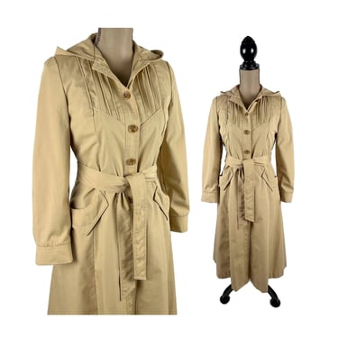 Vintage Trench Coat Women Small, Belted Tan Raincoat with Hood and Removable Plaid Lining, Made in the USA by Bonder 