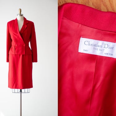 Christian Dior suit | 80s vintage designer bright red wool peplum skirt suit 