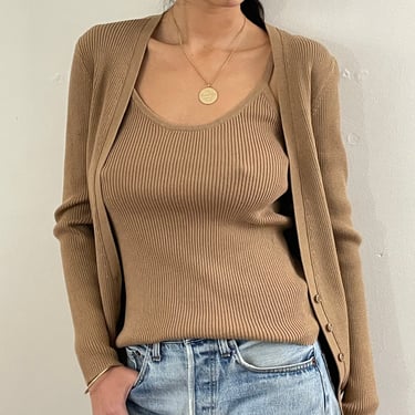 90s cotton twin set / vintage camel beige ribbed knit cotton camisole + V neck cardigan matching 2 piece twin sweater set | Medium Large 