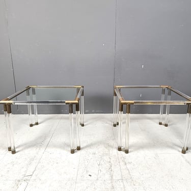 Vintage lucite and brass side tables, 1970s - brass side tables - glass coffee tables - regency coffee tables 