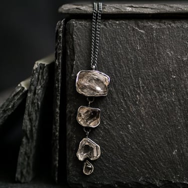 Oxidized Sterling Silver and Quad Herkimer Diamonds Pendant Necklace