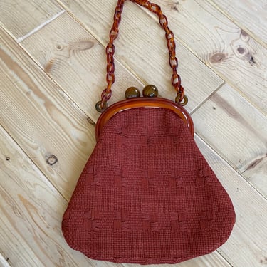1940s handbag, tortoiseshell frame, lucite purse, ball kiss closure, woven rust check, film noir style, vintage 40s purse, lucite chain 
