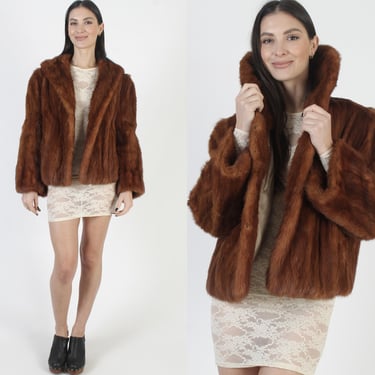 Womens Short Cinnamon Mink Jacket, 50s Cropped Red Fur Coat, Rolled Shawl Collar 