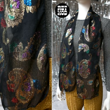 Sparkly Vintage 70s Long Black Sheer Scarf with Colorful Metallic Paisley Pattern 