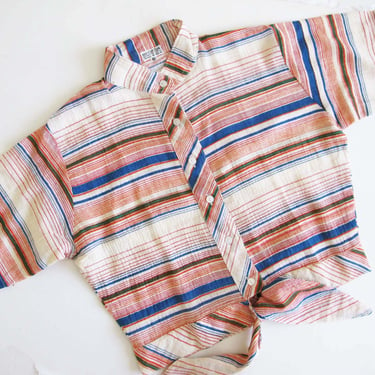 Vintage 60s Indian Cotton Crop Top S - 1960s Striped Short Sleeve Tie Front Boho Hippie Blouse 