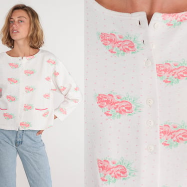 Floral Cardigan Sweatshirt 90s Button up Sweater White Pink Polka Dot Rose Flower Print Shirt Grandma Hippie Pockets 1990s Vintage Medium M 