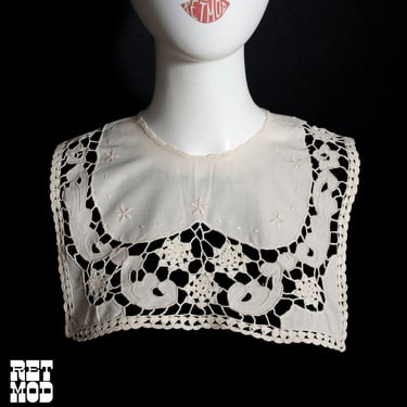 Lovely &amp; Large Statement Vintage 70s 80s Off-White Cotton Square Detachable Collar with Floral Crochet and Embroidery 
