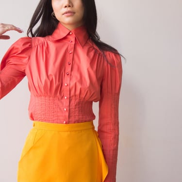 Y2K Coral Cotton Pintuck Puff Sleeve Blouse 