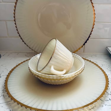 Rare 5 piece _Vintage Macbeth Evans Petalware Monax White Opalescent Milk Glass Dinner Plates, Bowls, and Cup by LeChalet