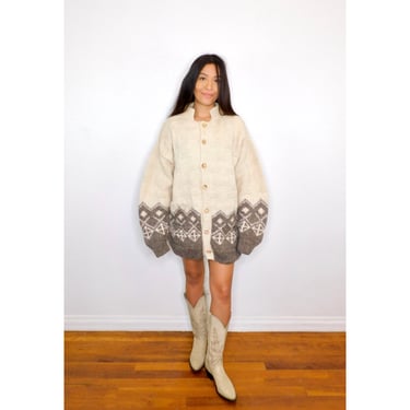 Wool Cardigan Sweater // vintage 70s knit boho hippie off white dress hippy sweater 80s cardigan grandpa oversize cowichan style // O/S 