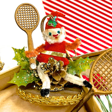 VINTAGE: Old Tennis Santa Ornament Plus Racket - Felt Chenille Ornament - Santa Playing Tennis Ornament - SKU 15-B1-00034480 