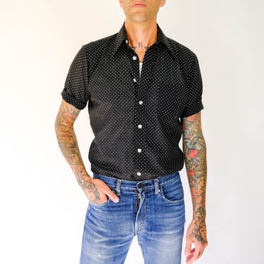 Vintage 70s Manhattan Custom Black & White Micro Polkadot Short Sleeve Shirt | Tailored, Butterfly Collar, Disco Era | 1970s Designer Shirt 