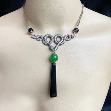 Art Deco Egyptian revival Snake necklace silvertone green & black Bakelite / Galalith by BakeliteBa