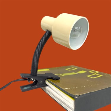 Vintage Clip on Lamp Retro 1980s Contemporary + Metal Shade + Beige + Black + Adjustable Goose Neck + Mood Lighting + Home and Desk Decor 