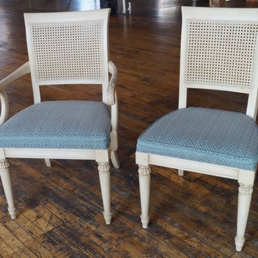 White Washed Cane Back Chair w Blue Pattern Seat