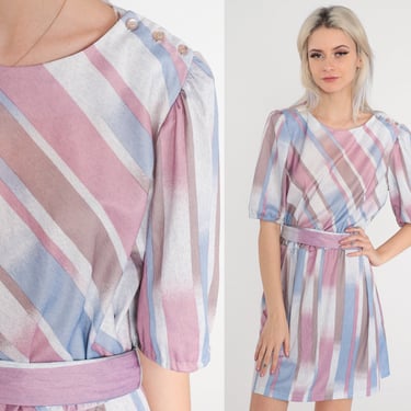 Striped Puff Sleeve Dress 80s Mini Dress High Waisted Belted Secretary Button Shoulder Purple Pink Blue White Taupe Vintage 1980s Large L 