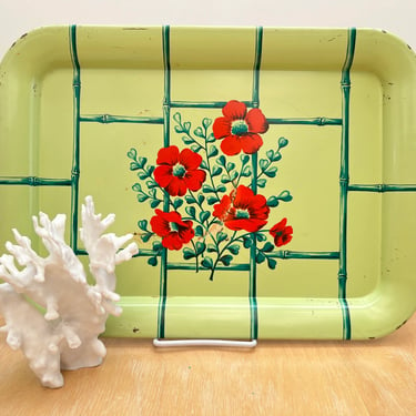 Boho Vintage Metal Tray with Handpainted Red Flowers and Green Bamboo, Decorative Retro TV Dinner Lap Tray 
