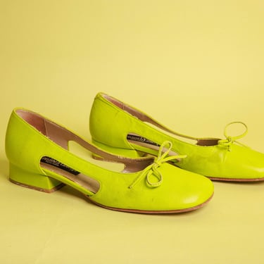 90s Bright Apple Green Bow Ballet Flats Vintage Kenneth Cole Leather Ballerina Shoes 