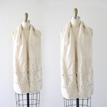 ivory wool popcorn scarf - vintage 80s 90s cream off white womens gift knit scarves 