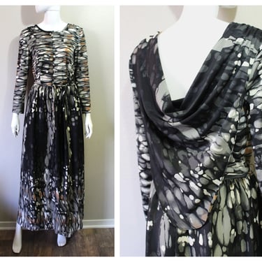 Vintage 1960s Marbled Julie Miller of California Art to Wear Black Mod Back Drape Dress Abstract  // Modern Size US 4 6 xs Small 