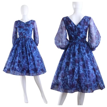 GORGEOUS 1950s Vivid Blue & Purple Rose Print Chiffon Fit and Flare Dress - 1950s Rose Print Dress - 1950s Floral Chiffon Dress | Size Small 
