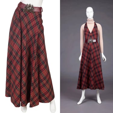 Anne Klein 1970s Vintage Burgundy Plaid Wool Belted Maxi Skirt Sz XS 
