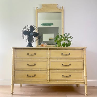 Vintage Authentic Henry Link Bali Hai Dresser with Mirror - Six Drawers - Yellow Faux Bamboo 