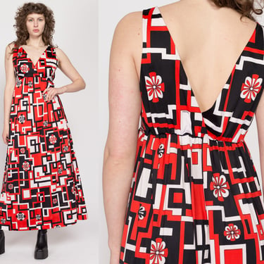 Medium 70s Red Geometric Print Loungewear Maxi Slip Dress | Vintage V Neck Empire Waist Boho Nightgown 