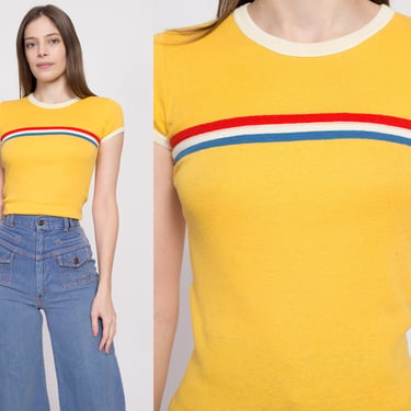 70s Yellow Striped Ringer Tee - Extra Small | Retro Vintage Fitted T Shirt 