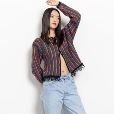 STRIPE Mohair Sweater Cropped Boxy Oversize Cable Knit Soft Fuzzy Textured Fringe Jumper / Small Medium 