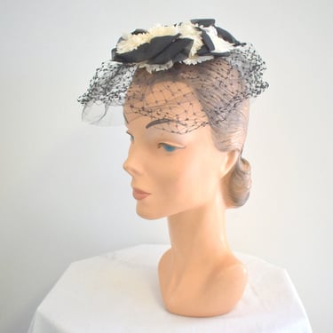 1950s Black and White Floral and Netting Hat 