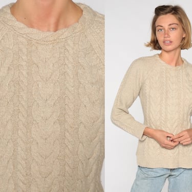 Beige Cashmere Sweater 80s Cable Knit Sweater Crewneck 1980s Jumper Vintage Plain Preppy Medium 